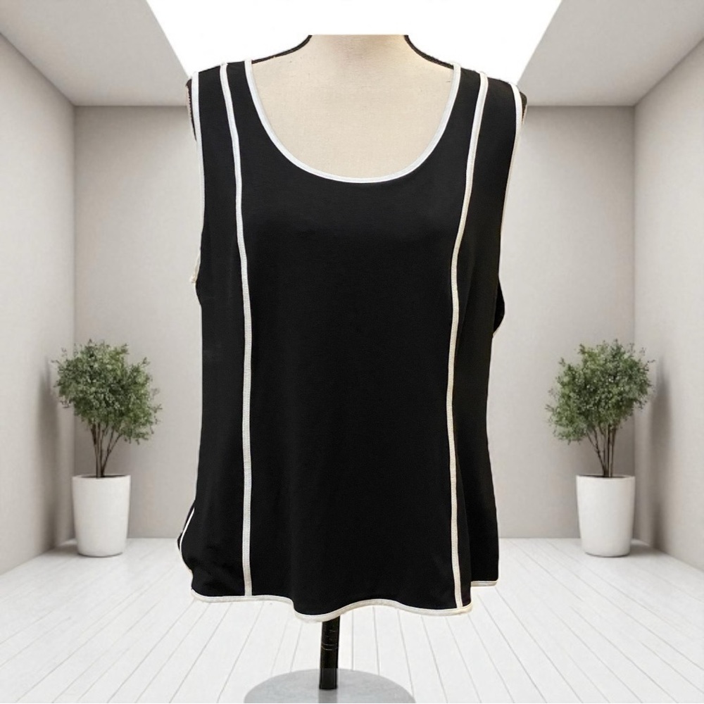 REDUCED BY $10 DKNY Black Sleeveless Top with white Stripes Sz L NWT